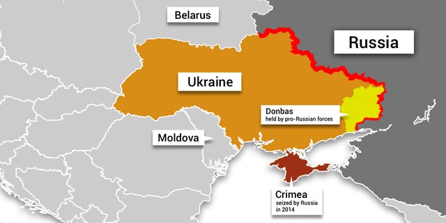 Mapa przedstawiająca Ukrainę, Rosję, Krym, region Donbasu kontrolowany przez siły prorosyjskie i kraje sąsiednie.  Ian Jobson, Fox Digital