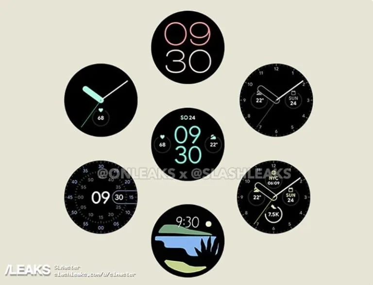 Wyciekły obraz z Google Pixel Watch przedstawiający niektóre tarcze zegarka.