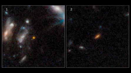 Obok siebie obrazy odległych galaktyk, wyglądające jak czerwonawe rozmyte galaktyki eliptyczne na tle czerni kosmosu